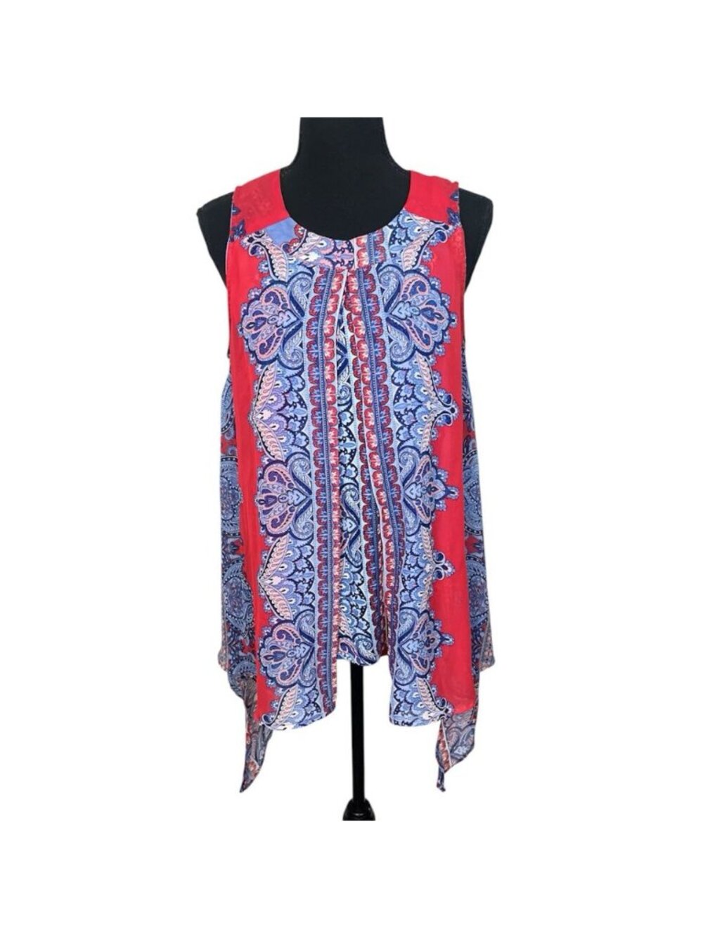 Tantrums Red Blue White Paisley Chiffon Tunic Blouse Round Neck Sleeveless M